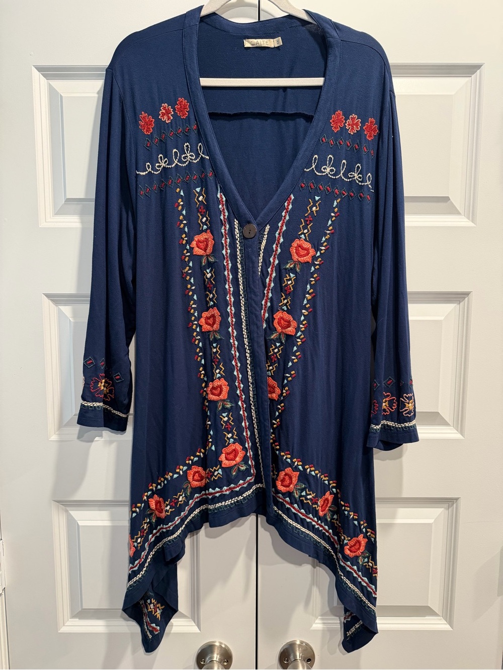 Caite Navy Embroidered Button-Front Jacket with Orange Floral Detail